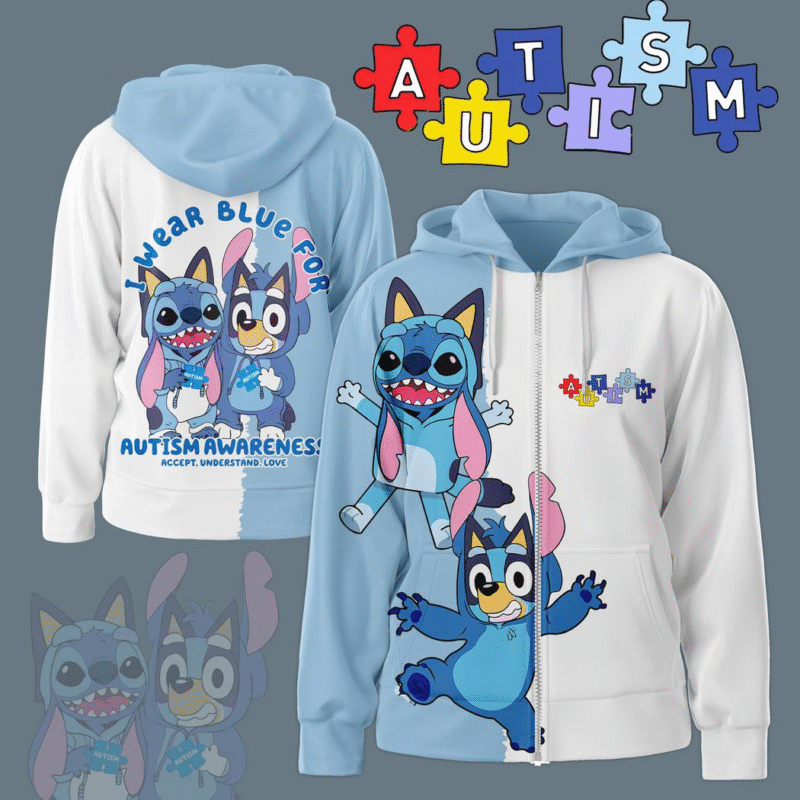 Bluey I Wear Blue For Autism Awareness Accept Understand Love Hoodie