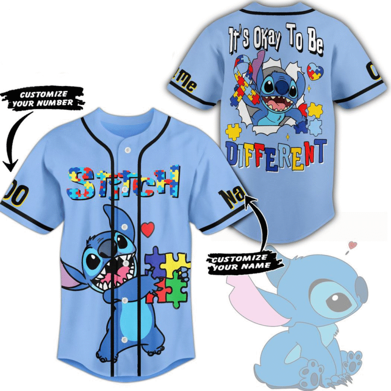 Stitch It’s Okay To Be Different Autism Awareness Custom Baseball Jersey